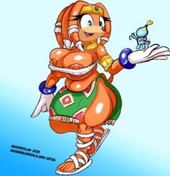 2025 anthro big_breasts blue_background blue_eyes breasts chao_(sonic) clothing duo echidna female footwear fur generalgodzilla gloves handwear mammal monotreme nipples orange_body orange_fur sandals sega shoes simple_background sonic_(series) sonic_adventure sonic_the_hedgehog_(series) tikal_the_echidna