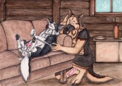 after_anal animal_genitalia animal_penis anthro anthro_on_feral anus balls black_body black_fur bodily_fluids border_collie canid canine canine_genitalia canine_penis canis closed_eyes collie cum cum_on_penis domestic_dog duo erection feral fur furniture genital_fluids genitals german_shepherd heart_symbol herding_dog inside kneeling knot kola_(artist) male male/male mammal mouth_closed on_sofa orange_body orange_eyes orange_fur pastoral_dog penis red_penis red_tongue sheepdog sofa tongue tongue_out vase white_balls white_body white_fur window zoophilia