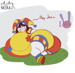 1girls anthro ass belly black_hair blush blush_lines breasts bunny evil_pomni fat female female_focus female_only furry glitch_productions gloves gooseworx hips hyper_breasts jax_(the_amazing_digital_circus) jester jester_cap jester_girl jester_hat jester_outfit lagomorph lagomorph_humanoid large_ass large_breasts laying_down nebulafat overweight overweight_female rabbit seductive_look seductive_smile sharp_teeth stomach the_amazing_digital_circus thick_thighs thighs white_body wide_hips