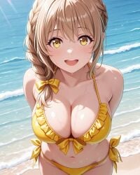 2025 ai_generated anime beach belly hands_behind_back instagram looking_at_viewer meta not_porn open_mouth pekoillust pink_cheeks smile_at_viewer smiling_at_viewer tummy unknown_character wet_bikini wet_body wet_skin yellow_bikini yellow_eyes yellow_hair