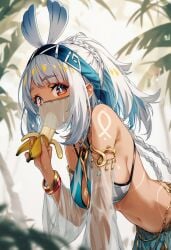 ai_generated banana breasts brown_body brown_skin genshin_impact mualani_(genshin_impact) palm_tree raaicave shoulders translucent_clothing white_hair