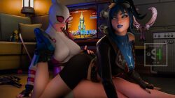 2girls 3d ass blue_eyeshadow blue_hair blue_lipstick blue_nail_polish blue_nails blush blush clothed clothed_female epic_games eyeshadow eyewear eyewear_on_head female female_only fingerless_gloves fortnite fortnite:_battle_royale glasses glasses_on_head gloves gwenpool gwenpool_(fortnite) hand_on_ass hand_on_leg hope_(fortnite) legs_apart light-skinned_female light_skin lipstick long_hair looking_back looking_pleasured makeup marvel marvel_comics mask masked masked_female nail_polish open_mouth painted_nails pink_lipstick pink_nail_polish pink_nails ponytail presenting_hindquarters shadow1_c tagme yuri yuri