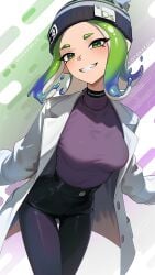 1girls artist_name beanie black_pants breasts coat female green_eyes green_hair lab_coat large_breasts looking_at_viewer mev_(mevlingo) nintendo octoling octoling_girl otokakoto pants short_hair solo splatoon tentacle_hair turtleneck