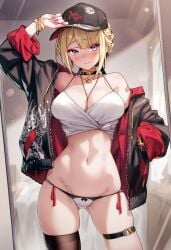 1female ai_generated big_breasts blonde_hair blush curvy_female curvy_figure daytime evelyn_chevalier mirror_reflection raaicave thighs white_panties zenless_zone_zero