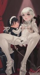 1boy animegao black_hair bodysuit breast_cutout catheter chastity_cage collar cosplay female high_heels highres key kigurumi kneeling latex latex_bodysuit lock maid maid_headdress nipple_piercing nonkazumi on_chair original otoko_no_ko piercing ponytail sidelocks sitting small_chastity_cage thigh_strap white_hair