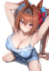 ai_generated animal_ears breasts casual_clothes daiwa_scarlet_(umamusume) female hips horse_girl pussy red_eyes ribbon_in_hair tiara twintails umamusume umamusume_pretty_derby
