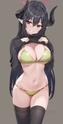 1girls black_hair blue_archive chiaki_(blue_archive) female golden_bikini halo horn horns lifting_shirt long_hair red_eyes ryouta335 solo solo_female