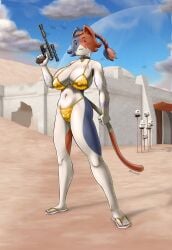 2025 absurd_res anthro ass big_breasts bikini blaster blaster_pistol blush bottomwear breasts calico_cat camel_toe cate_meowdy clothed clothing digital_drawing_(artwork) digital_media_(artwork) domestic_cat epic_games feet felid feline felis female footwear fortnite fur genitals gold_bikini golden_week gun hair handgun hi_res holding_gun holding_object holding_ranged_weapon holding_weapon looking_at_viewer mammal multicolored_body multicolored_fur panties pussy ranged_weapon sandals shoes smeargle20 smile solo star_wars stormtrooper swimwear tail tattoo toes topwear two-piece_swimsuit underwear weapon