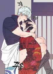 2boys against_wall blush carrying_partner clenched_teeth clothed_sex gay gintama gintoki_sakata implied_anal implied_sex japanese_clothes kimono male male_only muscular muscular_male no_visible_genitalia pants_down purple_hair side_view socincol sweat takasugi_shinsuke tears white_hair yaoi