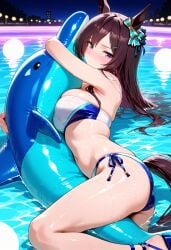 ai_generated animal_ears female hair_ornament horse_girl long_hair mejiro_dober_(umamusume) pool pool_toy purple_eyes purple_hair ribbon ribbon_in_hair straight_hair swimsuit umamusume umamusume_pretty_derby wet
