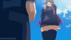1boy 2girls animated assisted_exposure brown_hair commission deirdre_(necryzz) exposed exposed_breasts exposed_nipples exposed_pussy female gradient_hair laughing long_shirt long_sleeves male mask purple_eyes purple_highlights shirt_only sky sneak_attack surprised thighhighs thighs white_hair zukafu_shimoto