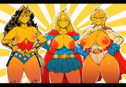 3girls ai_generated amazon amazonian big_breasts breasts_out dc dc_comics grin hands_on_hips kryptonian large_breasts mullon nipples novelai power_girl smile supergirl superheroine superman_(series) thick_thighs wonder_woman wonder_woman_(series)