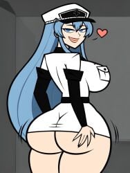 1girl 1girls ai_generated akame_ga_kill! ass_focus ass_grab back_view big_ass big_breasts blue_eyes blue_hair breasts cap crossover esdeath_(akame_ga_kill!) female headwear heart looking_at_viewer looking_back smug smug_face solo solo_female thick_thighs total_drama_(series) total_drama_island white_clothing