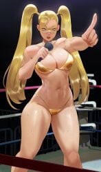 1girls 2d blonde_hair blue_eyes breasts capcom digital_art eyemask female gold_bikini golden_bikini golden_week leoquezadilla long_hair mask microphone rainbow_mika street_fighter twintails wrestler wrestling_mask wrestling_ring