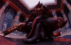 1boy abs anthro anubian_jackal anubis anubis_reaper big_balls big_penis blender_(software) blizzard_entertainment canid canine clothing dark_skin dual_wielding egyptian_mythology egyptian_temple evening genitals hi_res humanoid_genitalia loincloth_aside long_penis male male_only muscular muscular_male nude overwatch overwatch_2 penis pillar pov presenting red_eyes saggy_balls showing_off sitting solo squatting veiny_penis weapon