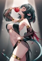 ai_generated apple big_breasts black_hair breasts curvy_female eating_fruit egyptian_clothes green_eyes jane_doe_(zenless_zone_zero) raaicave shoulders sunlight translucent_clothing zenless_zone_zero