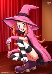 1girls bbmbbf cape chocolat_meilleure female functionally_nude green_eyes light-skinned_female long_hair magical_girl orange_hair palcomix palcomixvip.com pussy red_hair solo striped_legwear sugar_sugar_rune witch witch_hat