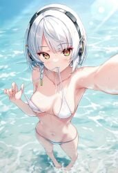 ai_generated anby_demara armpit bikini headphones ocean_background raaicave selfie_pose shoulders sunlight white_bikini white_hair zenless_zone_zero
