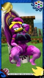 3d 3d_(artwork) anthro areolae avian big_breasts blue_eyes bottomless breasts breasts_out female female_only grey-yordle headband kabalmystic_(style) looking_at_viewer nipple_slip nipples purple_feathers pussy sega sonic_(series) squatting thick_thighs wave_the_swallow