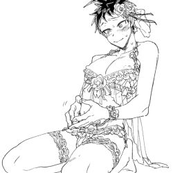 blush bridal_lingerie crossdressing crossdressing_male danganronpa danganronpa_2:_goodbye_despair garter_belt garter_belt_leggings hinata_hajime lingerie male male_focus male_only nipple_slip nipples nipples_visible_through_clothing smile solo solo_focus solo_male stockings uurin