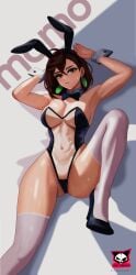 animal_ears ayase_momo bare_hips breasts brown_eyes brown_hair cameltoe commentary dandadan english_commentary eyelashes high_heels highres large_breasts looking_at_viewer lying on_back playboy_bunny rabbit_ears see-through_clothes shiny_skin spread_legs stiletto_heels sweat themaker thick_eyebrows thighhighs