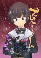 1boy absurdres black_hair commentary_request cum cum_on_body ejaculation erection facial female gloves gujira handjob highres idolmaster idolmaster_cinderella_girls looking_down male penis penis_in_glove purple_eyes school_uniform serafuku shirayuki_chiyo short_hair straight