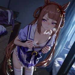 ai_generated animal_ears braid breasts brown_hair changing_clothes female horse_girl long_hair purple_eyes sweep_tosho_(umamusume) tracen_school_uniform umamusume umamusume_pretty_derby