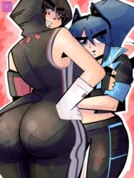 2girls agata_(fortnite) big_ass big_butt black_clothing blue_eyes blue_hair cat_ears cat_tail curvy focus fortnite hope_(fortnite) parallel_vlad patreon_link vi_wesker