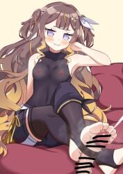 absurdres anya_melfissa asymmetrical_clothes black_leotard black_pants black_thighhighs blonde_hair blunt_bangs brown_hair censored covered_navel crossed_ankles cum disembodied_penis ejaculation feet female foot_focus foot_out_of_frame footjob gradient_hair hair_ribbon head_rest highres hololive hololive_idol_uniform_(color_rise) hololive_indonesia kris_hair_ornament leotard light_blush long_hair multicolored_hair no_shoes pants penis penis_in_thighhigh projectile_cum purple_eyes ribbon scribble_censor second-party_source see-through_clothes see-through_leotard shirt short_eyebrows single_pantsleg sitting smell smirk steaming_body streaked_hair sweat sweaty_armpits thighhighs toeless_legwear unworn_shirt very_long_hair virtual_youtuber wavy_hair white_ribbon yellow_background zedxxx