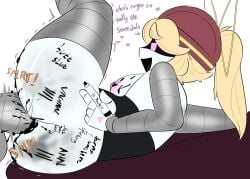 1boy 1girls anal anal_sex anonymous_male areolae blonde_hair breasts cum_all_over cumming cumming_in_ass cumming_inside cumming_on_breasts dialogue dick_on_face female glitch_productions heart large_penis lawgx laying_on_bed lizzy_(murder_drones) long_penis male male/female marker murder_drones nipples nude nude_female on_bed peace_sign penis pink_areola pink_eyes ponytail robot robot_boy robot_girl robot_humanoid sweat sweating tally_marks thrusting thrusting_into_ass white_background
