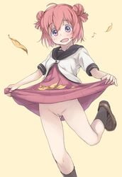 akaza_akari cleft_of_venus clothing dress_lift female happy hayyan highres innie_pussy leaf leg_up musical_note no_panties purple_eyes pussy red_hair school_uniform short_hair skirt skirt_basket skirt_lift smile solo uncensored yuru_yuri