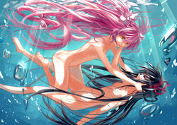 2girls akemi_homura barefoot black_hair blush bubble color duo female female_only freediving hair_ribbon highres hug human long_hair madoka_kaname mahou_shoujo_madoka_magica multiple_girls no_nipples no_pussy nude pink_hair purple_eyes ribbon swimming ultimate_madoka underwater water yal_(lily910218) yellow_eyes yuri