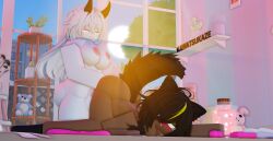 1futa 1girls 3d areolae artist_name ass black_hair breasts brown_skin commission doggy_style female futanari horns intersex kawatsukaze kemonomimi nipples roblox robloxian self_upload tagme thighs white_hair white_skin