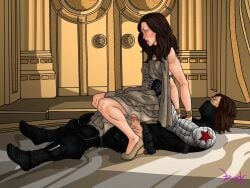 1girl1boy artist_name asgard brown_hair bucky_barnes captain_america_(series) commission dark_brown_hair dress eyebrows eyelashes face_mask footwear grabbing_waist jane_foster jzerosk marvel marvel_cinematic_universe natalie_portman necklace open_mouth penetration penis_out prosthetic_arm reverse_cowgirl_position sebastian_stan shoulder_length_hair solo_female solo_male thor_(series) wet_penis winter_soldier