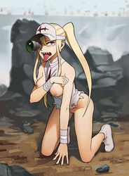 ankle_boots antabaka blonde_hair blue_eyes boots bottomless breasts breasts_out eyelashes facial female hakodate_omiko kill_la_kill knee_boots kneeling long_hair nipples ponytail pussy scope scouter sharp_teeth solo tears tied_hair tongue tongue_out twintails uncensored visor_cap wristband