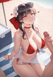 1boy 1girls ai_generated beach beach_towel beach_umbrella bikini black_hair bracelet cooler covered_nipples cum cum_on_body cum_on_breasts cum_on_face cum_on_hair eyebrows_visible_through_hair eyewear_on_head facial female front_tie_bikini goddess_of_victory:_nikke hair_flower hair_ornament hair_ribbon handjob heart large_breasts long_hair lulfux male mosaic_censoring navel outside penis red_bikini red_eyes sakura_(bloom_in_summer)_(nikke) sakura_(nikke) sarong side_tie_bikini_bottom sitting smile solo_focus straight string_bikini sunglasses sunglasses_on_head twitching_penis