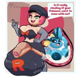 anthro areola armwear ball_bra balls big_areola big_balls big_breasts big_nipples big_penis blue_body blue_skin bodily_fluids border bottomwear breasts choker clothing cock_vore cum duo eeveelution elbow_gloves endosoma english_text face_imprint female flaccid foreskin futa_on_female futanari generation_1_pokemon genital_fluids genitals gloves green_eyes grunt_(pokemon) gynomorph hair half-closed_eyes hand_on_hip handwear hat headgear headwear hi_res huge_areola huge_balls huge_breasts huge_cock huge_nipples human human_pred hyper hyper_balls hyper_genitalia hyper_penis imprint inside_balls intersex intersex/female jewelry legwear looking_at_viewer mammal midriff narrowed_eyes navel necklace nintendo nipples nude onomatopoeia outside_border pawpads penile penis pink_hair pokemon pokemon_(species) pokemon_prey rocket_grunt safe_vore skirt soft_vore sound_effects speech_bubble talking_to_viewer team_rocket team_rocket_grunt team_rocket_grunt_(female) team_rocket_uniform text thigh_highs thisnameistaken vaporeon vore willing_prey