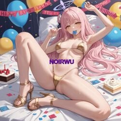 bed bikini birthday blue_archive blush breasts condom feet golden_bikini golden_eyes golden_high_heels halo high_heels highres holding_condom long_hair lying_on_bed mika_(blue_archive) noirwu pink_hair thong toes wings