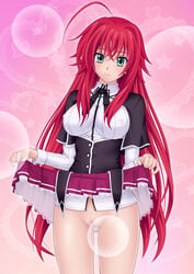 1girls ahoge breasts covered_nipples erect_nipples female green_eyes high_school_dxd highres large_breasts long_hair nanikairu no_panties pasya-pasya pussy red_hair rias_gremory school_uniform skirt skirt_lift solo uncensored very_long_hair