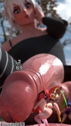 1boy 3d 3girls ass balls big_balls big_penis clothing female femboy giant giant_femboy giant_male huge_cock hung_trap light-skinned_female light-skinned_male light_skin limenade69 macro male micro nude nude_female penis pikmin precum scraggle size_difference testicles trap white_hair