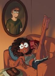 adult adults afro after_sex aged_up black_female black_woman blush blush_lines bra brown_eyes brown_hair brown_skin caramelpopcoms2 cleavage cookie couch curly_hair devin_dimmadome eating feet feet_focus feet_up female gap_teeth ginger ginger_hair ginger_male hazel_wells head_on_pillow interracial long_legs male male/female mirror nervous nervous_expression nervous_sweat reading reading_book reflection reflection_focus seductive_pose sexy_pose shorts surprised sweatdrop sweatshirt the_fairly_oddparents:_a_new_wish thighs toes white_male