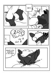 2021 absurd_res anthro ball_fondling balls big_penis black_and_white bodily_fluids bottomwear bottomwear_aside capcom clothing clothing_aside comic cum cum_in_mouth cum_inside digital_media_(artwork) dripping duo english_text exclamation_point felid fellatio felyne fondling genital_fluids genitals hi_res internal internal_oral knightferret leaking_cum loincloth loincloth_aside lynian male male/male mammal monochrome monster_hunter oral palico penile penis pushing_head saliva saliva_drip saliva_on_penis sex text tongue