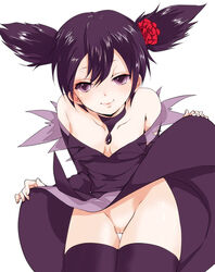 1girls bare_shoulders cleavage female flower kurumi_nui looking_at_viewer no_panties onegai_my_melody purple_eyes purple_hair pussy sanrio shiori_1218 short_hair skirt skirt_lift smile solo tied_hair twintails uncensored