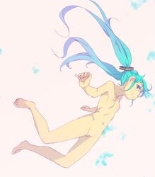 barefoot breasts falling female hatsune_miku hayyan highres innie_pussy long_hair navel nipples nude pussy small_breasts solo uncensored vocaloid