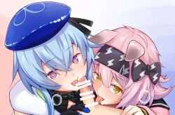 2boys animal_ears arknights bar_censor bisexual_male black_bow black_collar black_gloves black_hairband black_ribbon blue_background blue_hair blue_hat blush bow boy_and_girl_sandwich breath bright_pupils cat_ears cat_girl censored clothed_female_nude_male clothed_male_nude_male clothed_sex collar commentary_request cooperative_fellatio creator_connection cropped crossed_bangs erection fellatio female floppy_ears from_above gloves goldenglow_(arknights) gradient_background group_sex hair_between_eyes hairband hairbow hat hat_ribbon infection_monitor_(arknights) jpeg_artifacts licking licking_penis lightning_bolt_print lightning_bolt_symbol long_sleeves looking_at_viewer male marianne_hanako mizuki_(arknights) mmf_threesome multiple_boys nude oral otoko_no_ko penis pink_background pov pov_crotch print_bow print_hairband purple_eyes ribbon saliva saliva_on_penis saliva_trail sandwiched short_hair_with_long_locks teamwork_(sexual) textless_version threesome tongue tongue_out variant_set white_pupils yellow_eyes