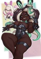 +_+ 2girls 3rd_party_edit bunny_ears bunnysuit cleavage game_accurate_design legwear licking_lips looking_at_viewer marina_(splatoon) mole octoling pearl_(splatoon) playboy_bunny rizdraws tagme thick_thighs zipper