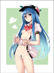 bar_censor blue_hair blush bottomless bow breasts censored female food frame fruit hat holding holding_panties long_hair looking_at_viewer navel nipples no_bra open_clothes open_shirt panties panties_removed peach_(fruit) perky_breasts pink_panties presenting_panties pubic_hair puffy_sleeves red_eyes short_sleeves small_breasts solo standing takemori_shintarou tenshi_hinanawi touhou underwear very_long_hair