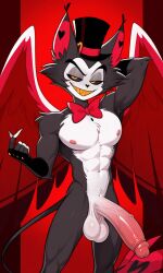 1boy abs ai_generated anthro big big_balls bowtie fingerless_gloves hazbin_hotel husk_(hazbin_hotel) male male_only muscular muscular_male pecs penis top_hat wings