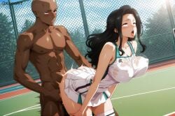 ahe_gao ahe_gao ai_generated black_penis dark-skinned_male dark_skin female from_behind huge_breasts huge_cock mahouka_koukou_no_rettousei patreon perky_breasts rolling_eyes saegusa_mayumi sex short_skirt stable_diffusion tennis_uniform thick_thighs