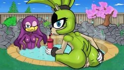 2025 absurd_res afrosoricid anthro anus avian babylonian_(sonic) back_towards_viewer bird blue_eyes blue_sky breasts bubble cherry_blossom cherry_blossom_tree cherry_tree day dialogue drinking_bottle drinking_straw duo female flower fruit_tree fur genitals grass green_body green_fur hand_on_butt heart_symbol hi_res hirundinid hot_spring hot_water idw_publishing in_pool jewelry leaning_against_object looking_at_viewer looking_back mammal necklace nipples one_eye_closed oscine passerine plant pool prunus_(flower) purple_body pussy rock sauna sega shrub sitting sky sonic_(series) sonic_riders sonic_the_hedgehog_(comics) sonic_the_hedgehog_(idw) sonic_the_hedgehog_(series) spread_pussy spreading surge_the_tenrec swallow_(bird) t-55dasha tail tenrec tree water wave_the_swallow wink winking_at_viewer